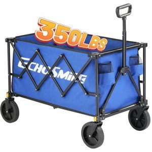 EchoSmile Heavy Duty 350 Lbs Capacity Collapsible Wagon, Outdoor Folding Camping Wagons, Grocery Portable Utility Cart, Adjustable Rolling Carts, All Terrain Sports Wagon with Big Wheels (Dark-Bule)