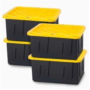 HOMZ 4-Pack Durabilt, Heavy Duty Plastic Storage Bins with Lids, 15 Gallon, Black/Yellow