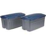 Rubbermaid Roughneck️ 40 Gallon Storage Totes, Pack of 2, Durable Stackable Storage Containers with Hinged Lids, Nestable Plastic Storage Bins for Tools, Toy Storage, Grey and Dark Indigo Metallic