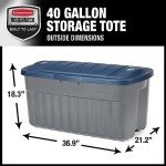 Rubbermaid Roughneck️ 40 Gallon Storage Totes, Pack of 2, Durable Stackable Storage Containers with Hinged Lids, Nestable Plastic Storage Bins for Tools, Toy Storage, Grey and Dark Indigo Metallic