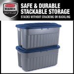 Rubbermaid Roughneck️ 40 Gallon Storage Totes, Pack of 2, Durable Stackable Storage Containers with Hinged Lids, Nestable Plastic Storage Bins for Tools, Toy Storage, Grey and Dark Indigo Metallic