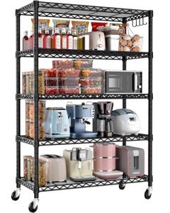 PrimeZone 5 Tier Wire Shelving Rack Storage Shelves with Wheels,Adjustable Rolling Heavy Duty Metal Shelving Unit,Utility Shelf for Kitchen Garage Closet Pantry Laundry 36" W x 14" D x 74" H