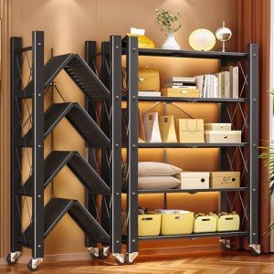 JOYBOS 5 Tier Foldable Storage Shelves with Wheels,Heavy Duty Metal Storage Shelving Unit Rolling Cart,No Assembly Utility Shelf Rack Organization Shelves for Garage Kitchen,Basement,Pantry