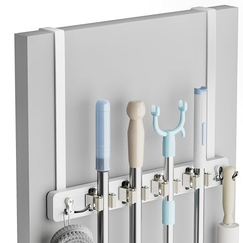 Lorbro over the door mop hanger uses rustic wood and includes hooks