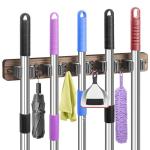 IMILLET Broom Holder Wall Mount, Wood Broom Holder with 5 Racks and 4 Hooks Broom Organizer, Laundry Room Organization and Storage, Mop Holder for Home Organization, Garden, Garage, Kitchen, Closet