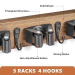 IMILLET Broom Holder Wall Mount, Wood Broom Holder with 5 Racks and 4 Hooks Broom Organizer, Laundry Room Organization and Storage, Mop Holder for Home Organization, Garden, Garage, Kitchen, Closet