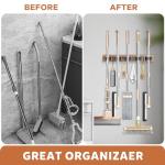 IMILLET Broom Holder Wall Mount, Wood Broom Holder with 5 Racks and 4 Hooks Broom Organizer, Laundry Room Organization and Storage, Mop Holder for Home Organization, Garden, Garage, Kitchen, Closet