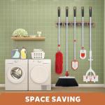 IMILLET Broom Holder Wall Mount, Wood Broom Holder with 5 Racks and 4 Hooks Broom Organizer, Laundry Room Organization and Storage, Mop Holder for Home Organization, Garden, Garage, Kitchen, Closet