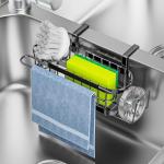 Cisily 3-in-1 Sponge Holder for Kitchen Sink Caddy (Hanging&Adhesive), Stainless Steel Movable Brush Holder + Dish Cloth Hanger, Hanging Sink Caddy Organizer, in Sink Organizer Accessories Rack