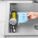 Cisily 3-in-1 Sponge Holder for Kitchen Sink Caddy (Hanging&Adhesive), Stainless Steel Movable Brush Holder + Dish Cloth Hanger, Hanging Sink Caddy Organizer, in Sink Organizer Accessories Rack