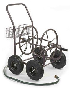 Liberty Garden Residential Grade Four Wheel 250 Foot Capacity Steel Frame Water Hose Reel Cart with Basket for Backyard, Garden, or Home, Brown, Bronze