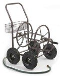 Liberty Garden Residential Grade Four Wheel 250 Foot Capacity Steel Frame Water Hose Reel Cart with Basket for Backyard, Garden, or Home, Brown, Bronze