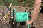 Liberty Garden Residential Grade Four Wheel 250 Foot Capacity Steel Frame Water Hose Reel Cart with Basket for Backyard, Garden, or Home, Brown, Bronze