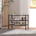 ROMGUAR CRAFT 3 Tier Bamboo Shoe Rack for Closet Free Standing Wood Shoe Shelf Storage Organizer for Entryway Small Space Stackable 27"x11"x20" (Black)