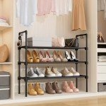 LANTEFUL 3 Tier Shoe Rack for Closet, Shoe Organizer with 5 Hooks, Long Shoe Shelf Storage for Shoe and Boot Stackable Free Standing Shoe Rack for Entryway, Garage, Small Spaces, Dorm, Black