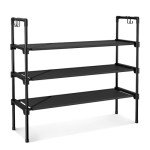 LANTEFUL 3 Tier Shoe Rack for Closet, Shoe Organizer with 5 Hooks, Long Shoe Shelf Storage for Shoe and Boot Stackable Free Standing Shoe Rack for Entryway, Garage, Small Spaces, Dorm, Black