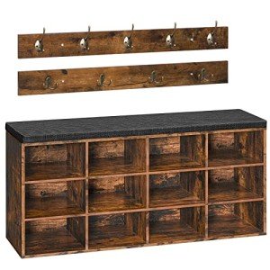 HOOBRO Shoe Storage Bench with Cushion, Entryway Bench, 39.4" Hall Tree, Coat Rack, 12 Cubbies, Holds up to 330 lb, Shoe Rack, Storage Cabinet for Bedroom, Hallway, Rustic Brown BF112HX01G1