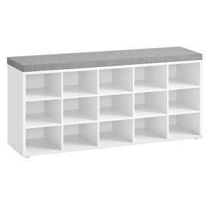 VASAGLE Shoe Bench with Cushion, Storage Bench with Padded Seat, Entryway Bench with 15 Compartments, for Bedroom, 11.8 x 41.3 x 18.9 Inches, Cloud White and Dove Gray ULHS15WT