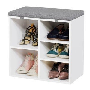 coucheta Shoe Storage Bench with Cushion, Cubby Seat Shoe Cabinet, Small Shoe Rack Bench with 3-Tier Adjustable Shelf for Entryway, Bedroom, Living Room, Hallway, Closet and Garage (White, 20 Inches)