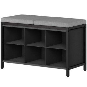 YATINEY Shoe Storage Bench with Cushion, Shoe Cubby Bench, Shoe Rack with Padded Seat and 6 Oxford Shoe Compartments, for Closet, Bedroom, Entryway, Black and Gray HX01BK