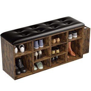 IRONCK Shoe Bench, Ten Cubbies Storage Entryway Bench with PU Leather, Cubby Shoe Rack Organizer with Adjustable Shelves for Living Room, Bedroom, Vintage Brown