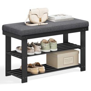 SONGMICS Bamboo Shoe Bench, 3-Tier Shoe Rack Organizer for Entryway, Living Room, Bench Seat Holds Up to 330 lb, 11.4 x 28 x 19.3 Inches, Black and Gray ULBS604B01