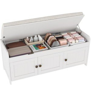 HOMEFORT 41.3" Shoe Bench with Lift Top Storage, Entryway Storage Bench with Cushioned Seat, Wooden End of Bed Bench, Shoe Cabinet Bench with Hidden Storage Space, for Bedroom, Hallway,White