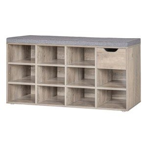 DINZI LVJ Shoe Bench, Entryway Storage Bench with Drawer and 11 Cubbies, Cubby Shoe Rack with Adjustable Shelves, Organizer Cabinet for Living Room, Bedroom, Mudroom, Closet and Garage, Greige