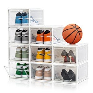 Upgraded X-Large 9 Pack Clear Shoe Storage Organizer,Stackable Shoe Rack for Closet,Plastic Shoe Boxes with Magnetic Door,Shoe Containers For Sneaker Display,Fit up to US Size13 (White, 9 Pack)