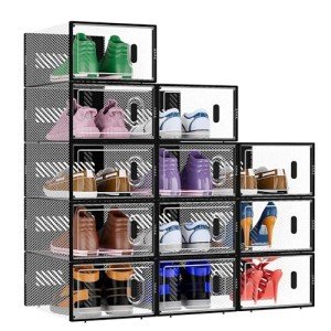 BALEINE 12 Pack Stackable Shoe Storage Boxes Fit Size 9, Thickened Clear Shoe Box Bins with Lids, Plastic Foldable Shoe Rack Organizer Sneaker Storage Containers (Large, Black)