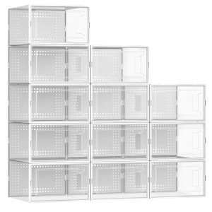 12 Pack X Large Shoe Organizer Storage Boxes for Closet, Modular Space Saving Shoe Boxes Clear Plastic Stackable Sneaker Containers Display Case with Lids, White
