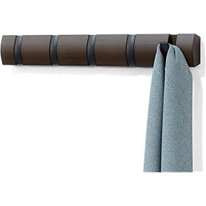 Umbra Flip Wall-Mounted Coat Rack Rail Hook for Hats, Jackets, Bags and More – Modern, Space-Saving Storage Organizer for Entryway, Mudroom, Closet, Bathroom, Bedroom, Kids Room, or Nursery, 5 Hooks, Walnut/Black
