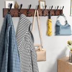 Kuhome 32.2'' Large Coat Rack Wall Mount Coat Hooks Coat Hanger with 8 Metal Black Triple- Hooks Brown Pine Real Wood Plank Hat Rack for Wall Hooks for Hanging Coat Hat Jacket