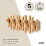 Umbra Picket 5 Hooks, Wall-Mounted Rail, Doubles as Art, Beveled Pine Wood Dowels, Natural Finish