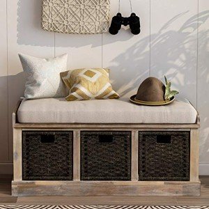 Harper & Bright Designs Entryway Storage Bench Rustic Storage Bench with 3 Removable Basket, Shoe Bench Storage Bench with Removable Cushion for Living Room, Entryway, Hallway