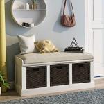 Merax Fully Assemble Storage Bench Entryway Storage Bench with 3 Removable Basket, Shoe Bench with Removable Cushion for Entryway, Hallway,Living Room(White)