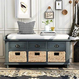 SOFTSEA Organizer Storage Bench with 3 Drawers, 3 Rattan Baskets and Removable Cushion for Entryway Hallway, Fully Assemble(Antique Navy)