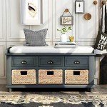 SOFTSEA Organizer Storage Bench with 3 Drawers, 3 Rattan Baskets and Removable Cushion for Entryway Hallway, Fully Assemble(Antique Navy)