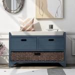 SOFTSEA Storage Bench for Entryway, Upholstered Storage Ottoman with Removable Basket and 2 Drawers, Farmhouse Shoe Bench with Seat Cushion for Entryway, Living Room, Full Assembled, Navy