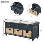 SOFTSEA Organizer Storage Bench with 3 Drawers, 3 Rattan Baskets and Removable Cushion for Entryway Hallway, Fully Assemble(Antique Navy)
