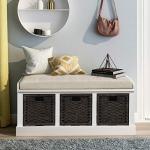 Merax Fully Assemble Storage Bench Entryway Storage Bench with 3 Removable Basket, Shoe Bench with Removable Cushion for Entryway, Hallway,Living Room(White)