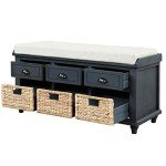 SOFTSEA Organizer Storage Bench with 3 Drawers, 3 Rattan Baskets and Removable Cushion for Entryway Hallway, Fully Assemble(Antique Navy)
