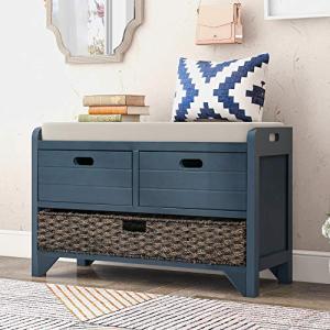 SOFTSEA Storage Bench for Entryway, Upholstered Storage Ottoman with Removable Basket and 2 Drawers, Farmhouse Shoe Bench with Seat Cushion for Entryway, Living Room, Full Assembled, Navy