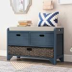 SOFTSEA Storage Bench for Entryway, Upholstered Storage Ottoman with Removable Basket and 2 Drawers, Farmhouse Shoe Bench with Seat Cushion for Entryway, Living Room, Full Assembled, Navy
