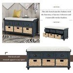 SOFTSEA Organizer Storage Bench with 3 Drawers, 3 Rattan Baskets and Removable Cushion for Entryway Hallway, Fully Assemble(Antique Navy)
