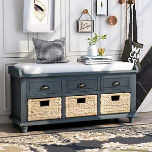 P PURLOVE Rustic Entryway Storage Bench with 3 Drawers and 3 Rattan Baskets Shoe Storage Bench with Removable Cushion for Living Room, Entryway