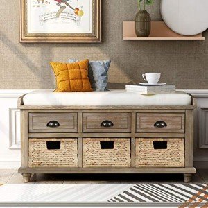 P PURLOVE Fully Assemble Wood Storage Bench Shoe Bench with 3 Drawers and 3 Baskets,Removable Cushion, Home Collection Entryway Bench for Living Room, Entryway,Hallway,White Washed