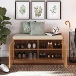 Wooden Shoe Storage Bench Organizer with Cushioned Seat & Adjustable Shelves for Entryway, Hallway, Living Room, or Bedroom, Rattan