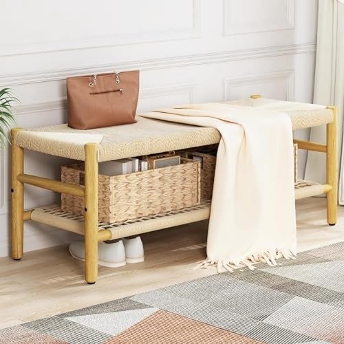 DKLGG boho entryway storage bench with unique weave rope top and mesh shelf