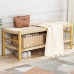 DKLGG Entryway Storage Bench with Mesh Shelf & 2 Baskets, Indoor Storage Bench Entrance Bench with Paper Cord & Rubber Wood Legs, Narrow Bench Boho Bench Dining Room Bench for Living Room Bedroom